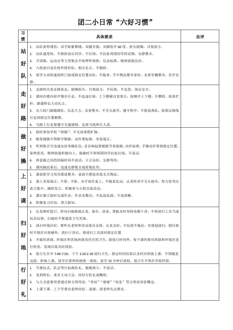 小学生日常六好习惯【精选】