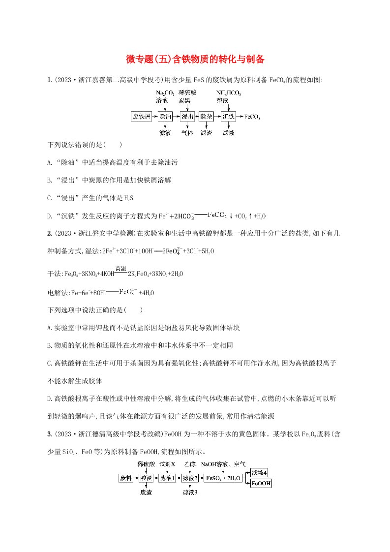 适用于新高考新教材浙江专版2025届高考化学一轮总复习第3章金属及其化合物微专题五含铁物质的转化与制备新人教版