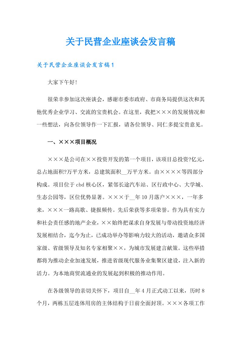 关于民营企业座谈会发言稿