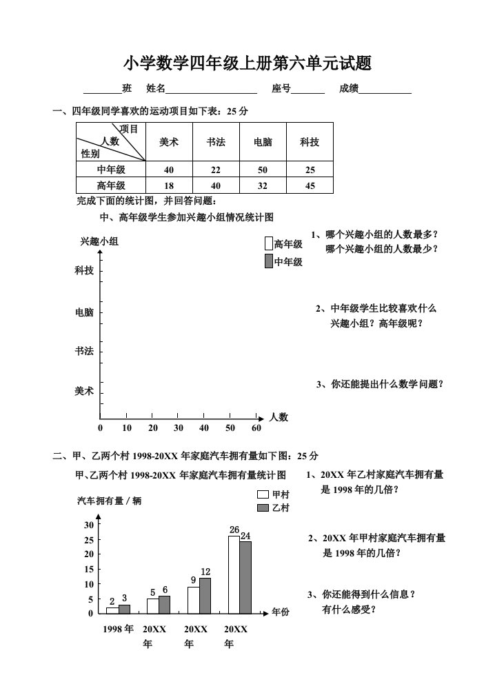 小学四年级数学第五单元练习题