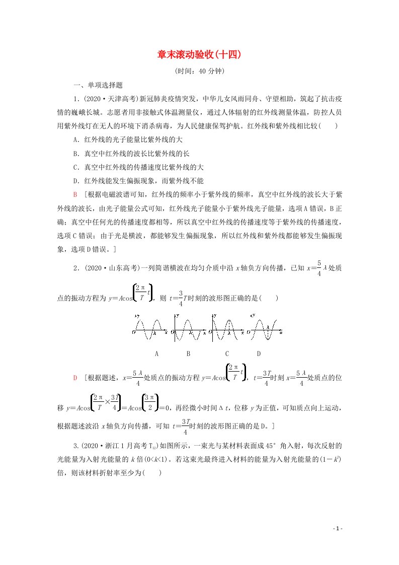 2022版高考物理一轮复习章末验收14振动波动光电磁波相对论含解析