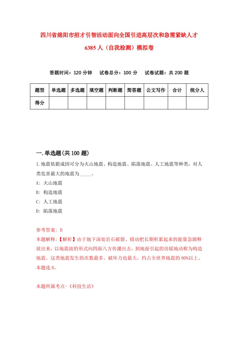 四川省绵阳市招才引智活动面向全国引进高层次和急需紧缺人才6385人自我检测模拟卷第1期