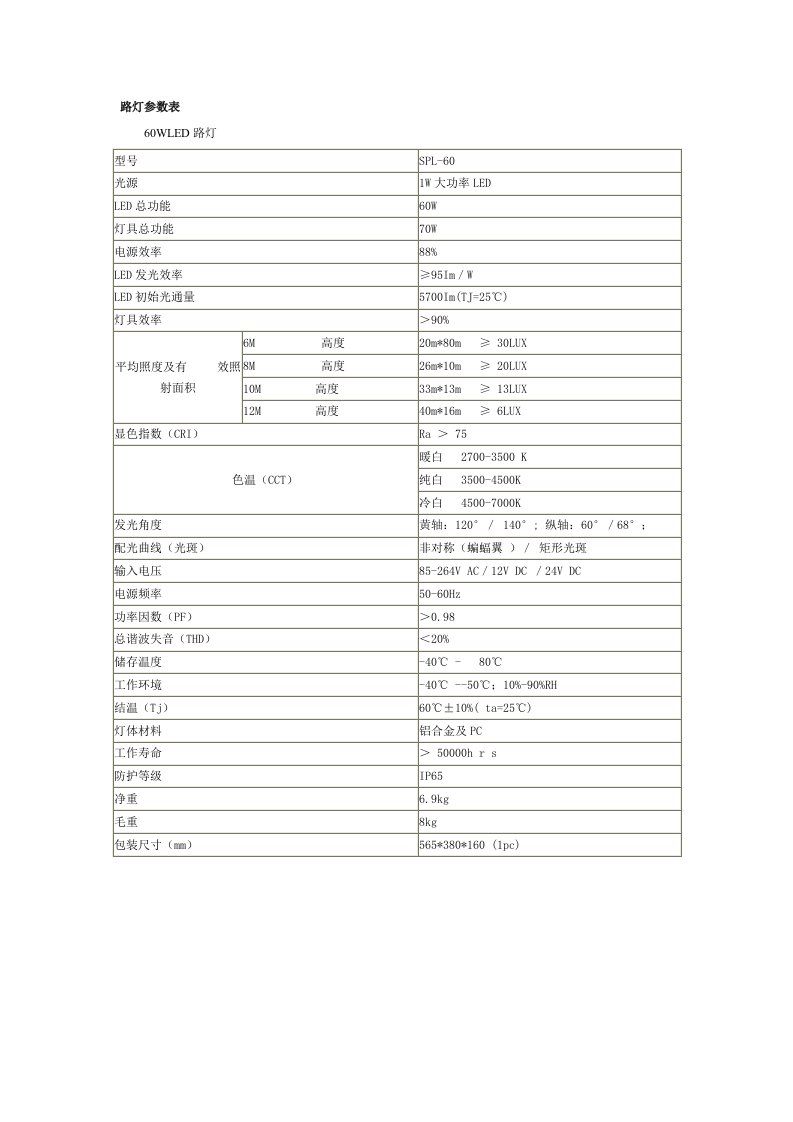 路灯参数表