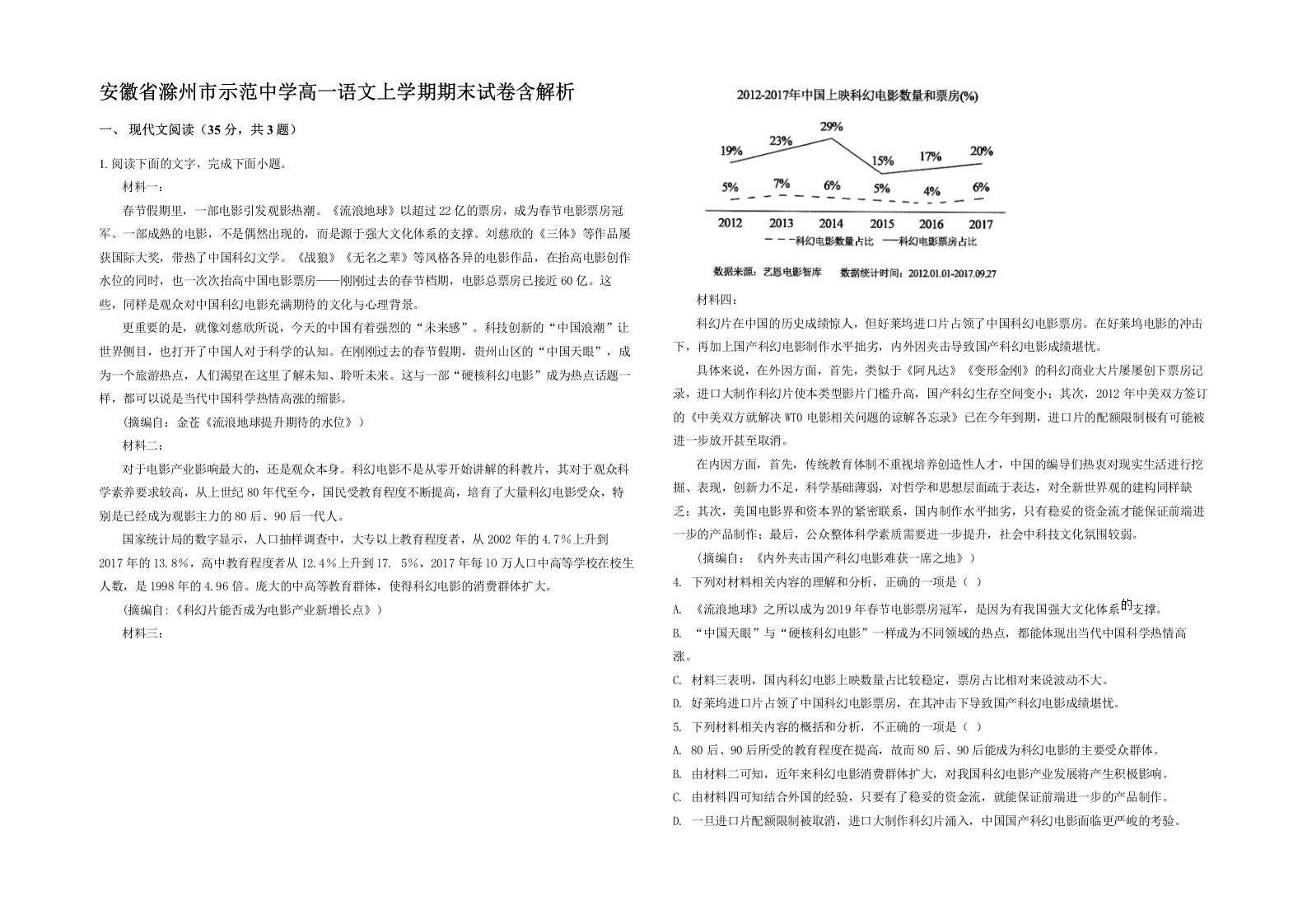 安徽省滁州市示范中学高一语文上学期期末试卷含解析