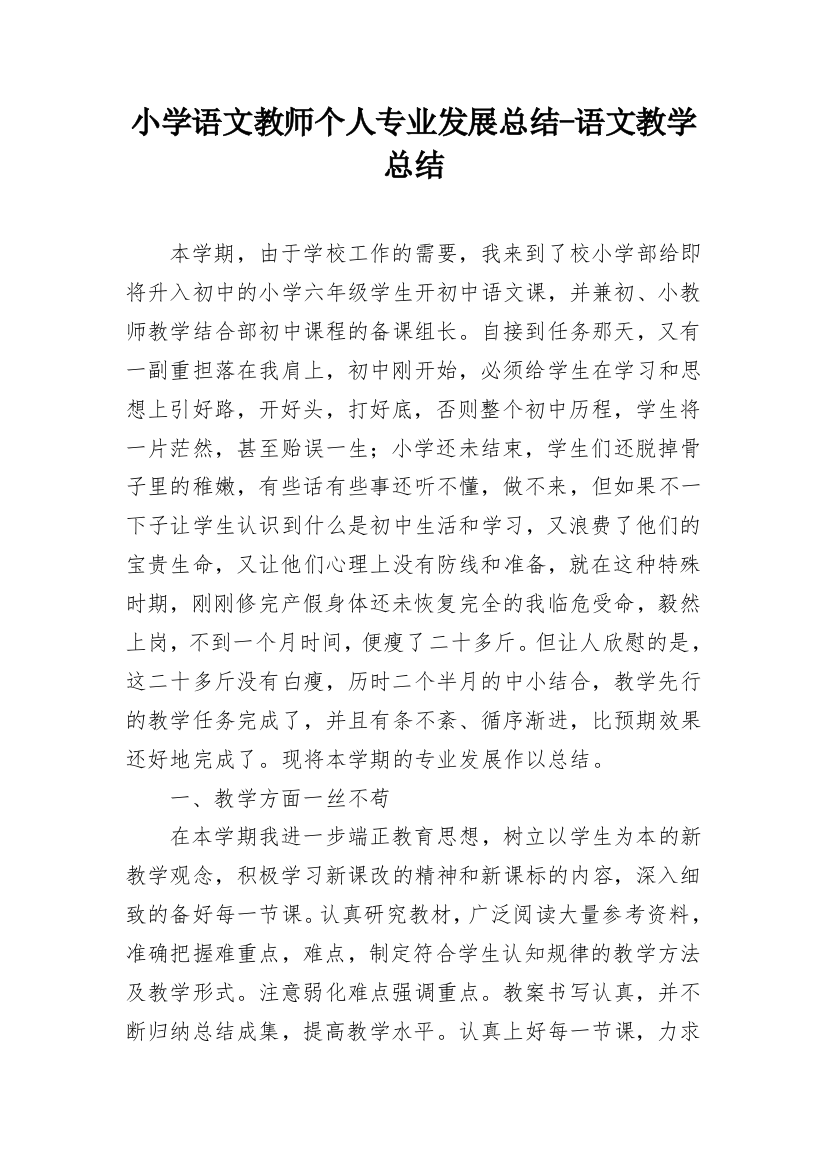 小学语文教师个人专业发展总结-语文教学总结