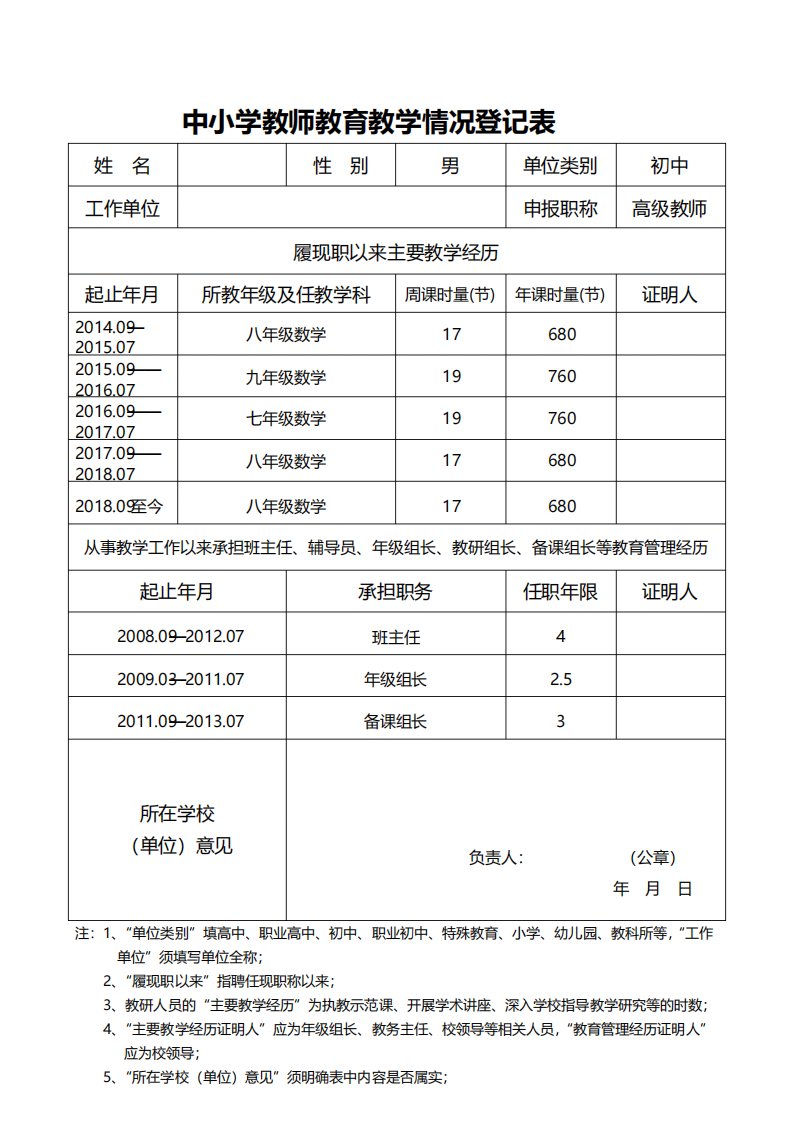 中小学教师教育教学情况登记表模板