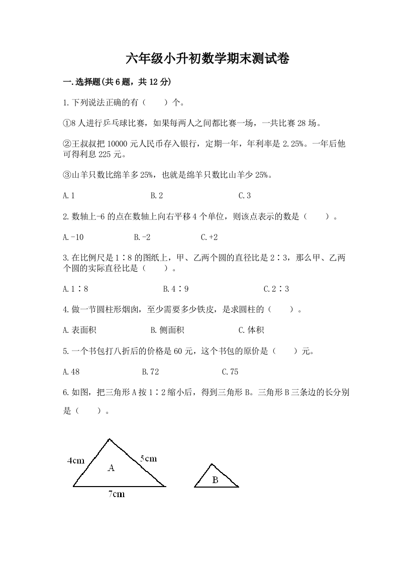 六年级小升初数学期末测试卷附参考答案【巩固】