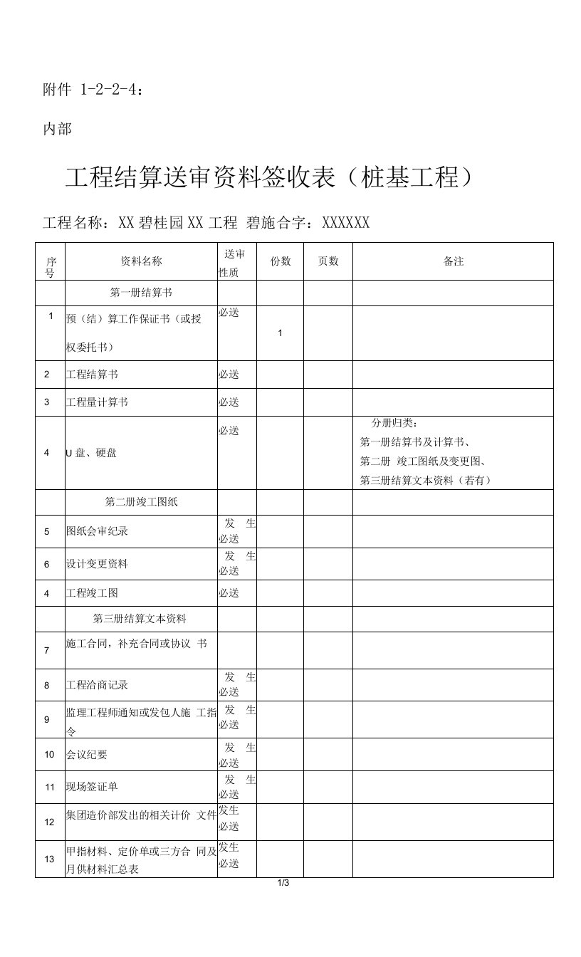 附件1-2-2-4：工程结算送审资料签收表（桩基）