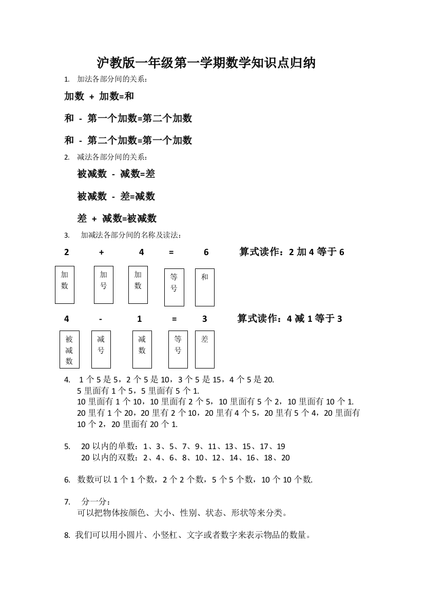 (word完整版)沪教版一年级第一学期数学知识点-推荐文档