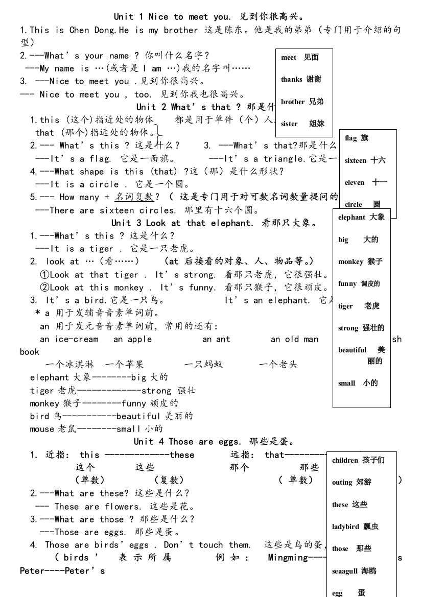 湘少版四年级上册复习资料