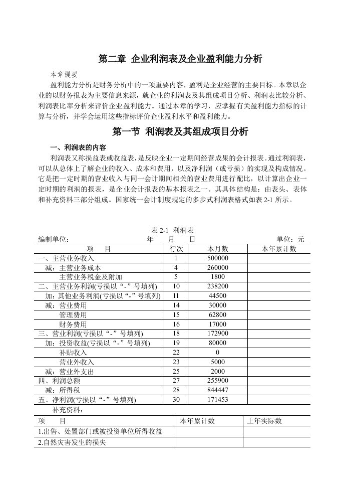 企业利润表及企业盈利能力分析