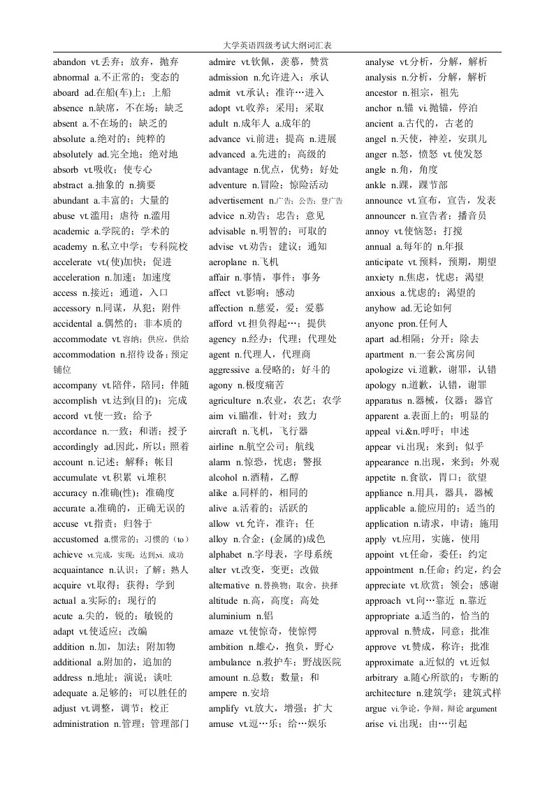 大学英语四级考试大纲核心词汇表