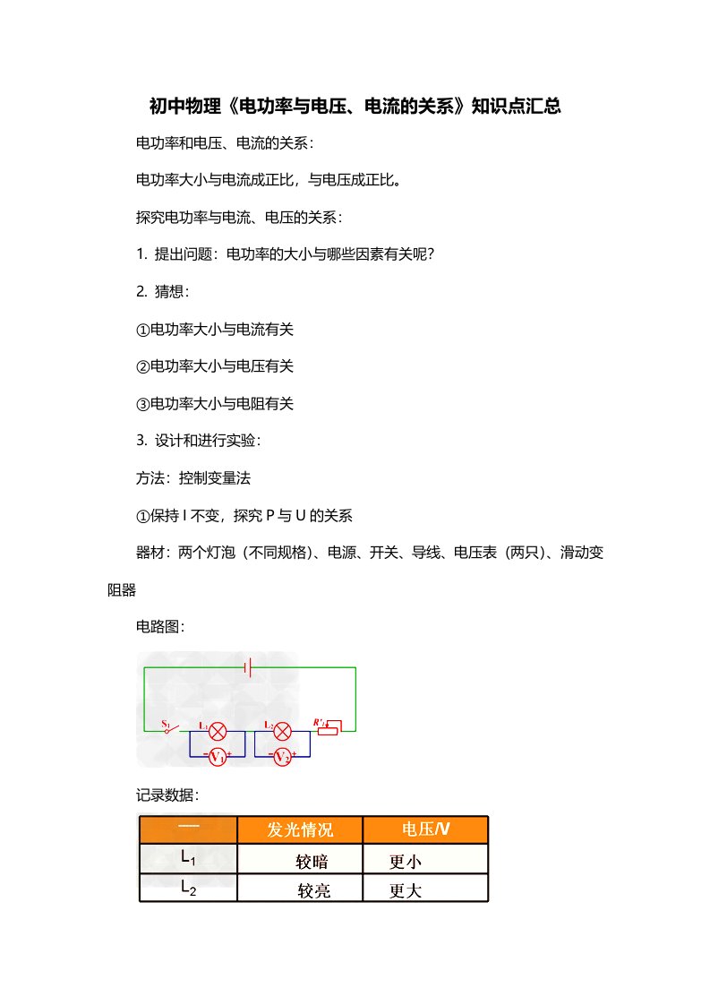 初中物理电功率与电压电流的关系知识点汇总