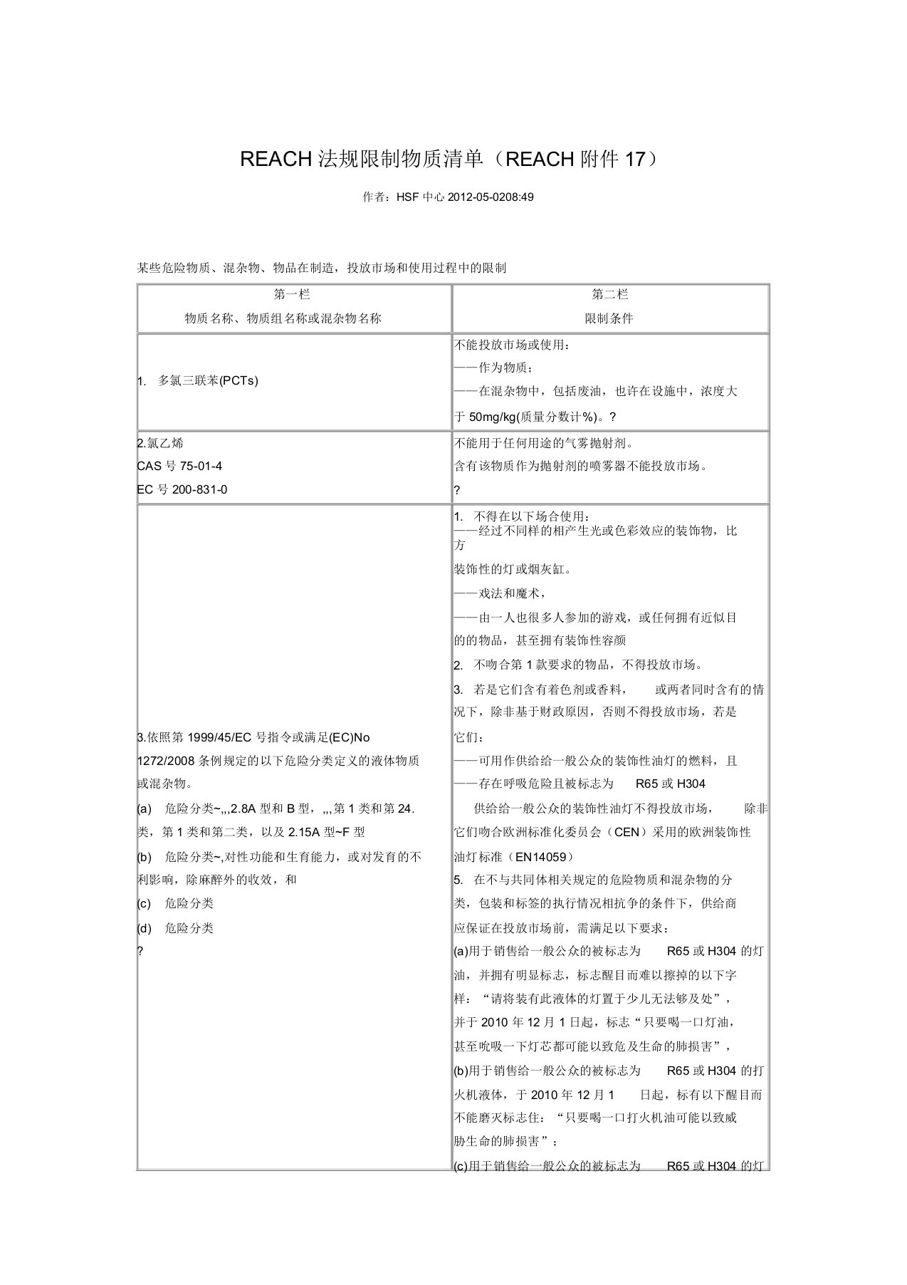 REACH法规限制物质清单