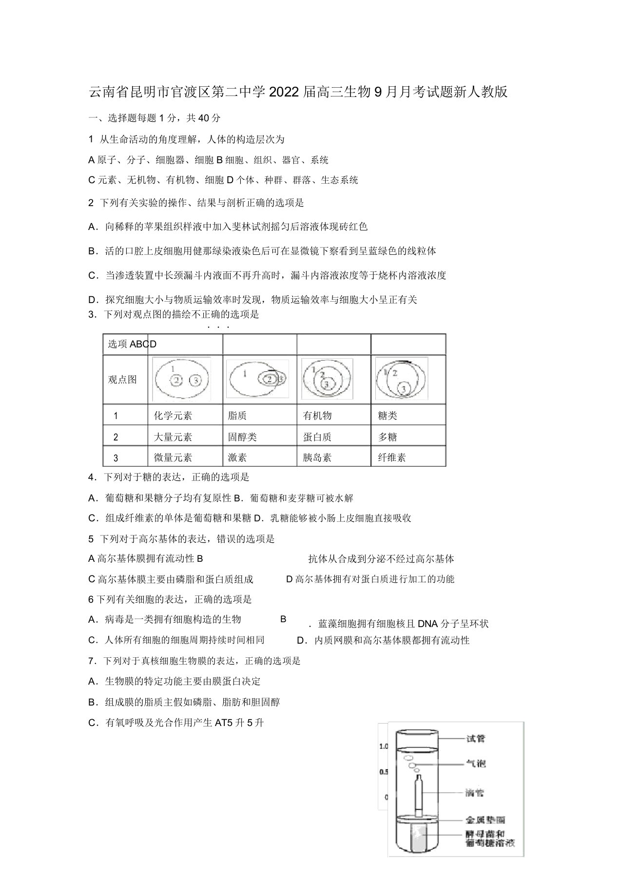 云南省昆明市官渡区第二中学2022届高三生物9月月考模拟押题新人教版