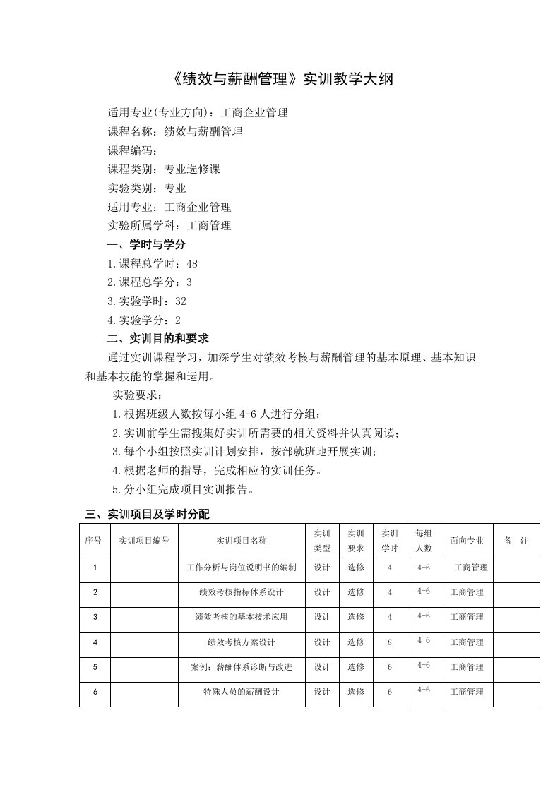 绩效与薪酬管理实训教学大纲