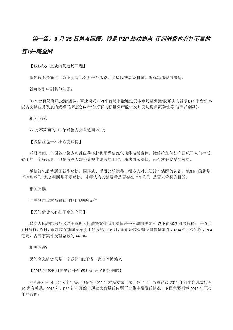 9月25日热点回顾：钱是P2P违法痛点民间借贷也有打不赢的官司--鸣金网[修改版]