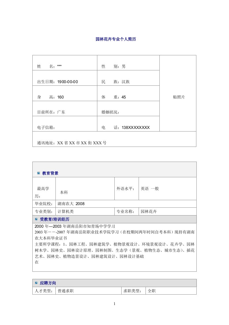 园林花卉专业word简历模板