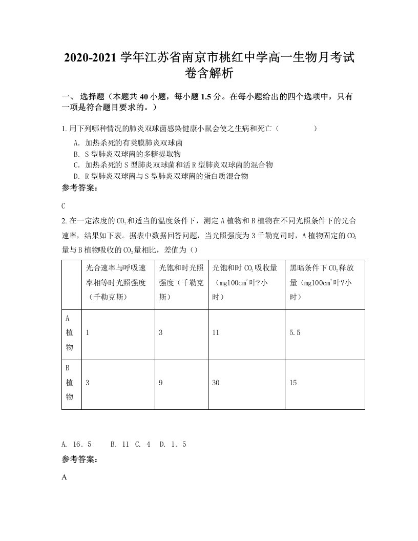 2020-2021学年江苏省南京市桃红中学高一生物月考试卷含解析