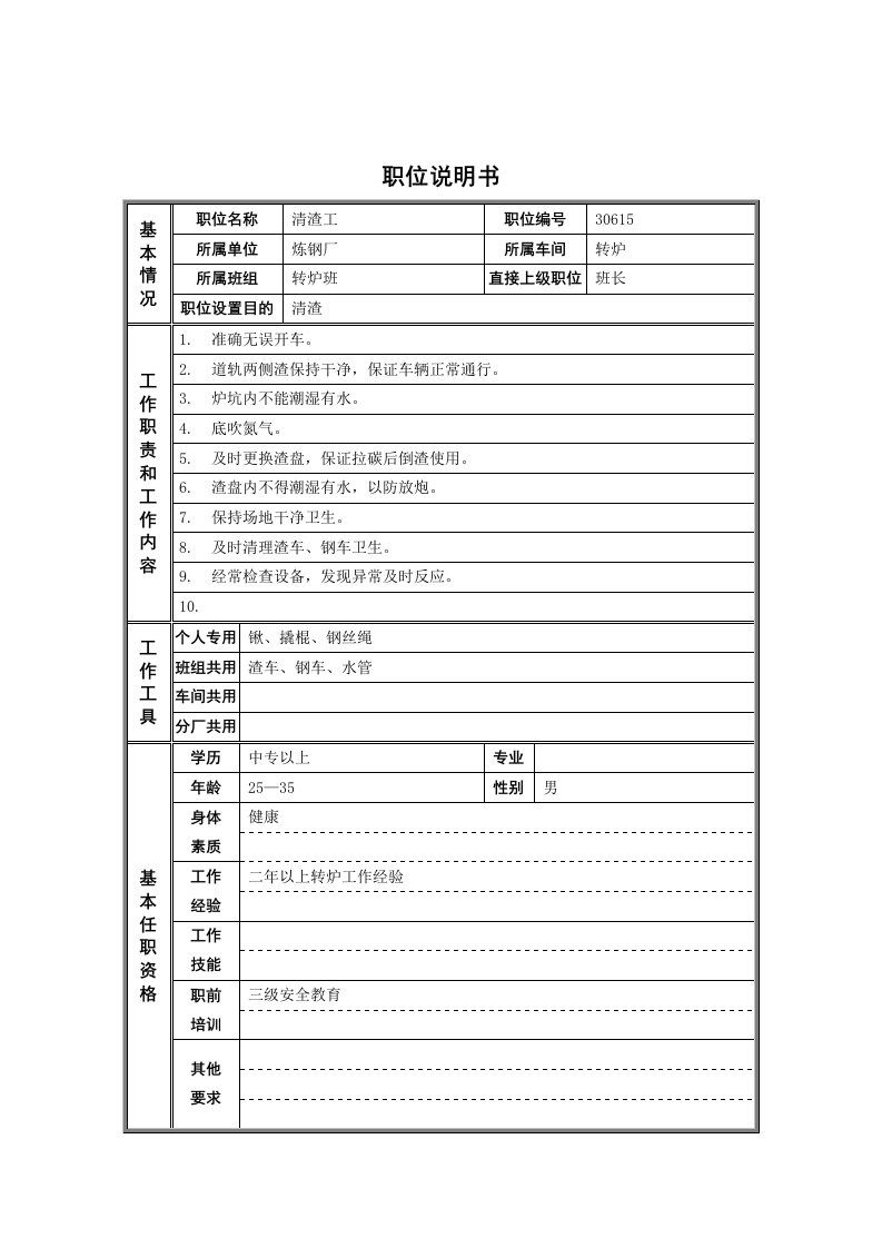 精选德龙钢铁-清渣工职位说明书