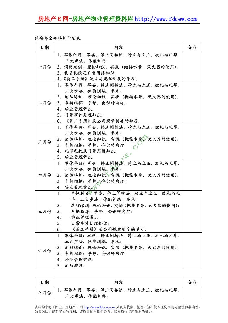 保安部全年培训计划表