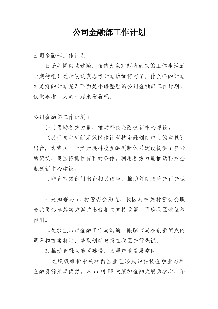 公司金融部工作计划