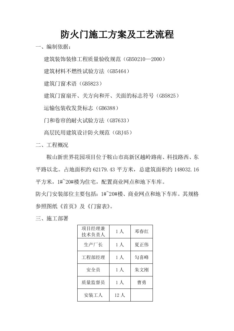 防火门施工方案工艺流程