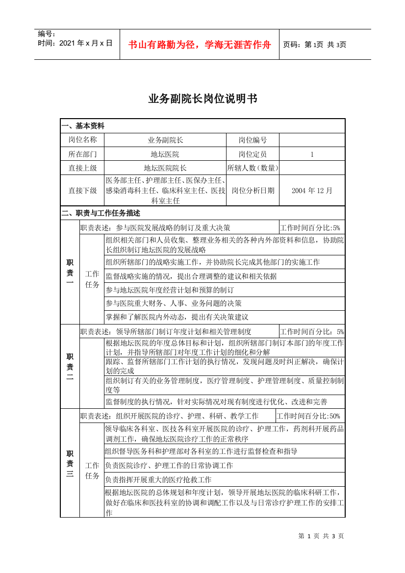 某医院业务副院长岗位说明书