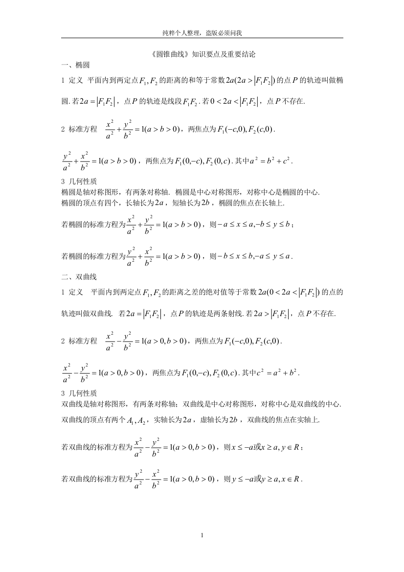 圆锥曲线的知识要点及结论个人总结