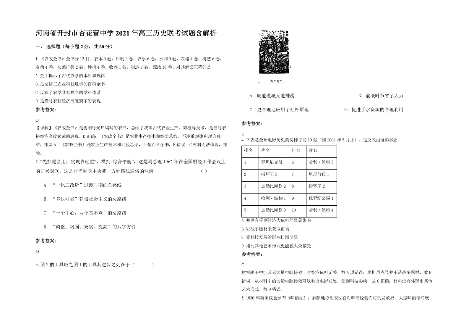 河南省开封市杏花营中学2021年高三历史联考试题含解析