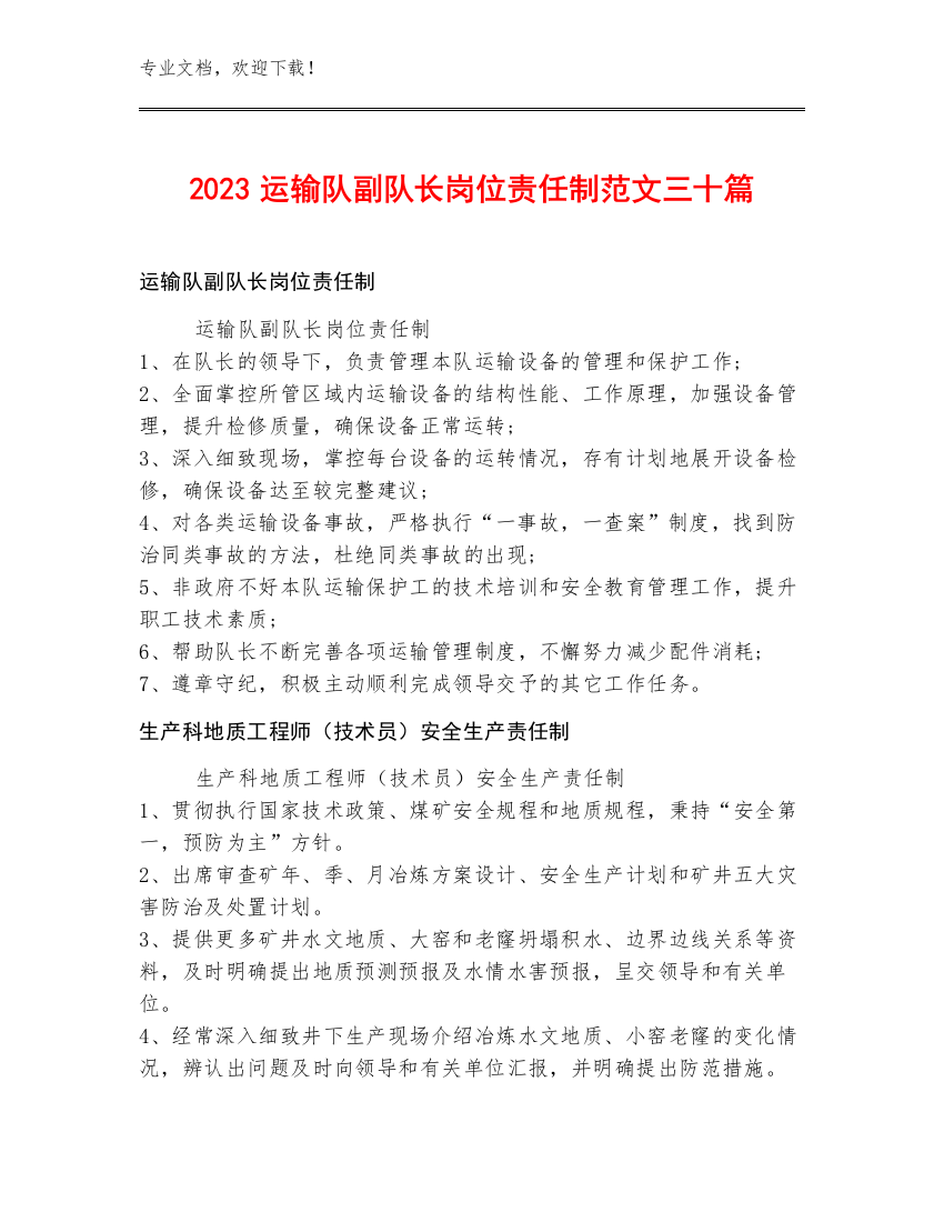 2023运输队副队长岗位责任制范文三十篇