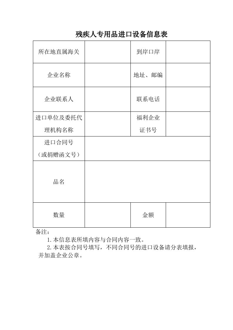 残疾人专用品进口设备信息表