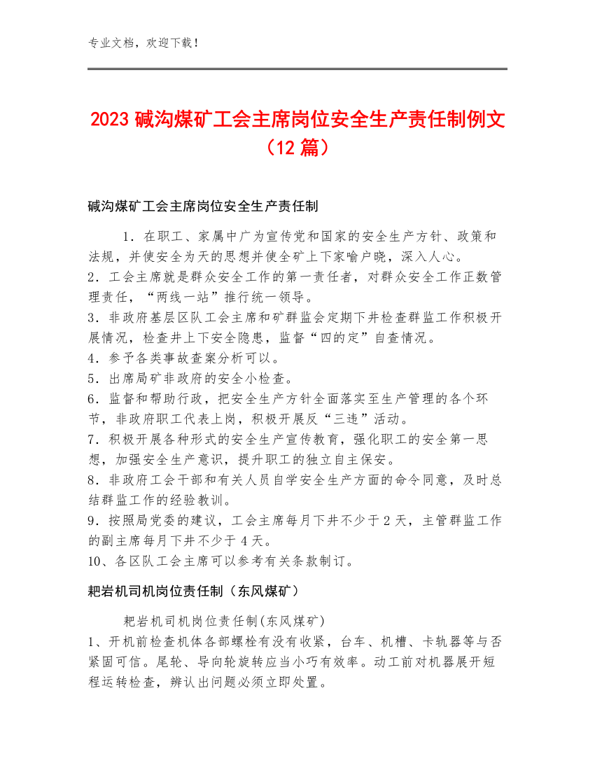 2023碱沟煤矿工会主席岗位安全生产责任制例文（12篇）