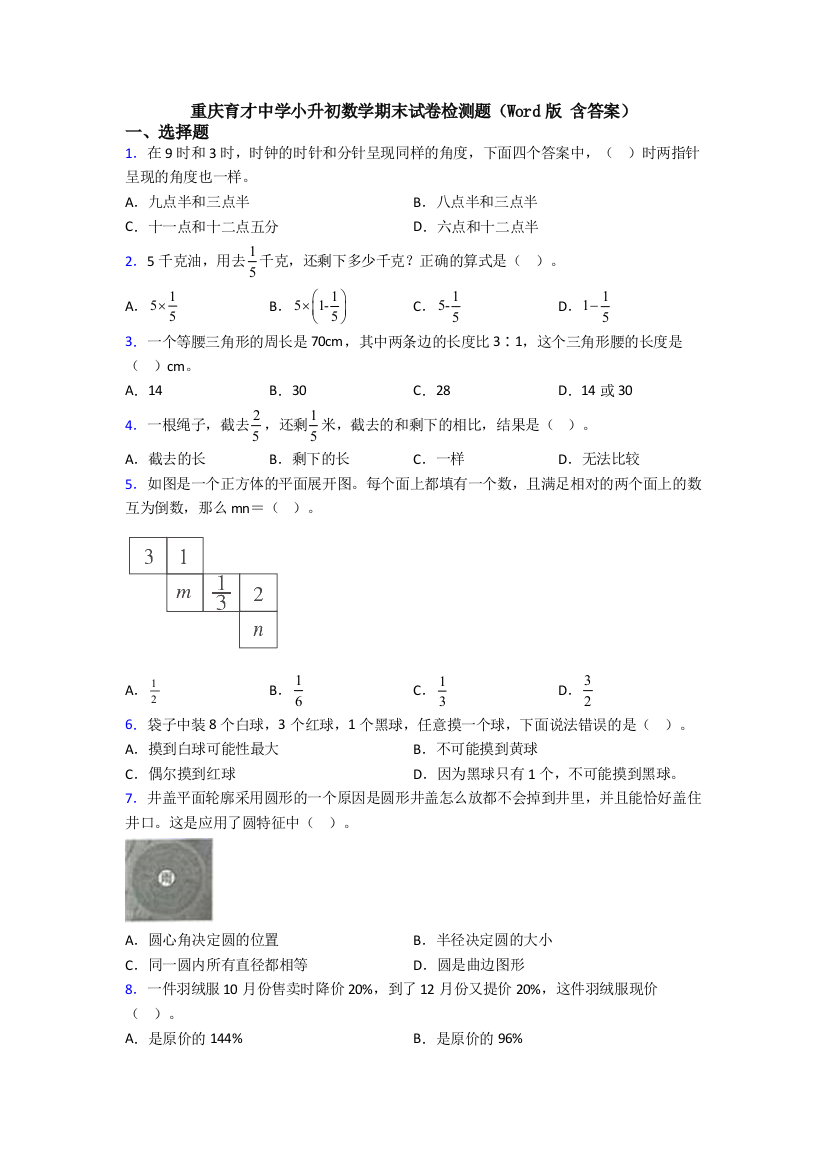 重庆育才中学小升初数学期末试卷检测题（Word版-含答案）