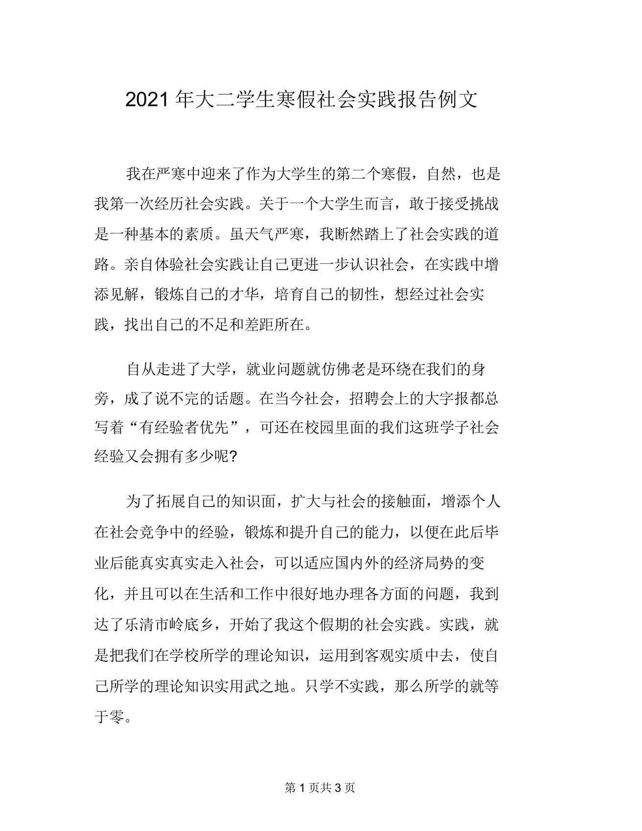 2021年大二学生寒假社会实践报告例文