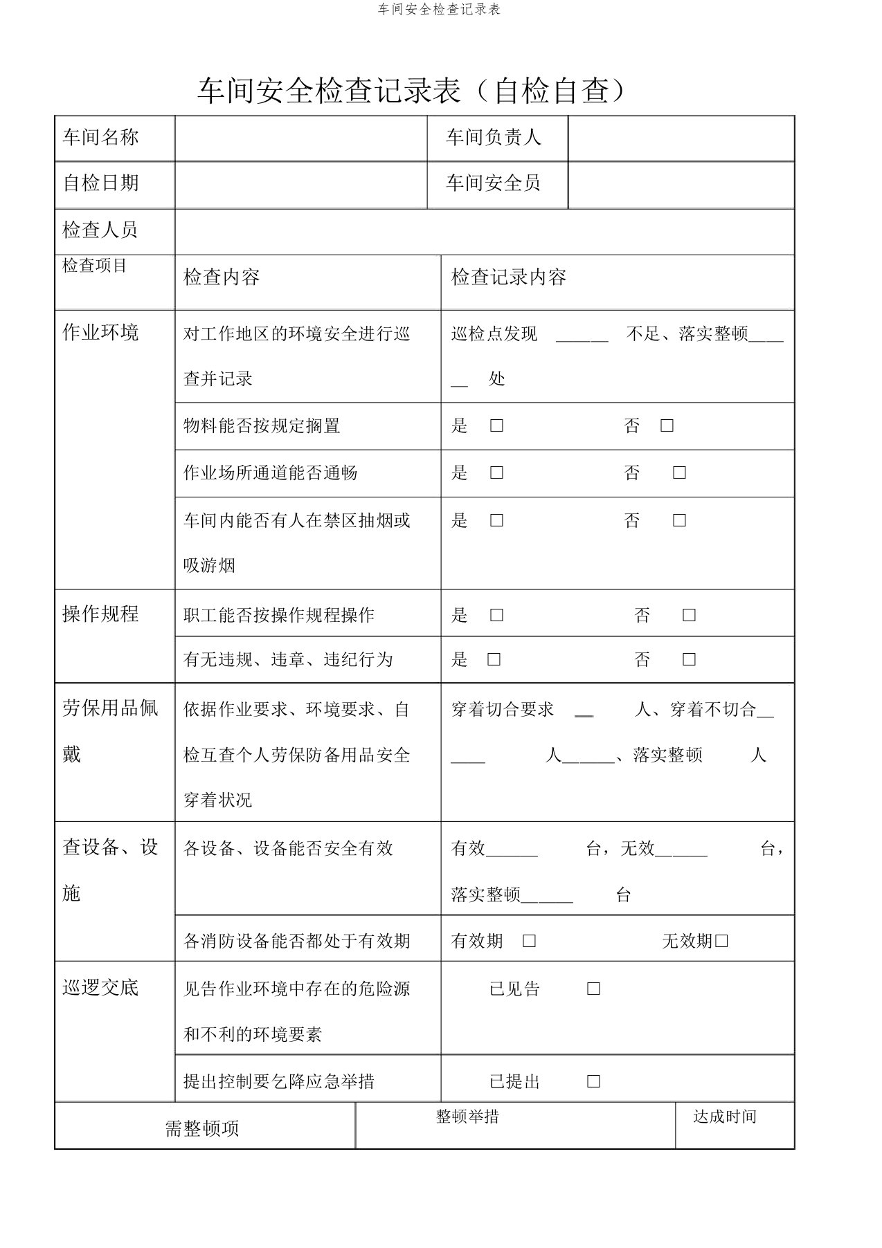 车间安全检查记录表