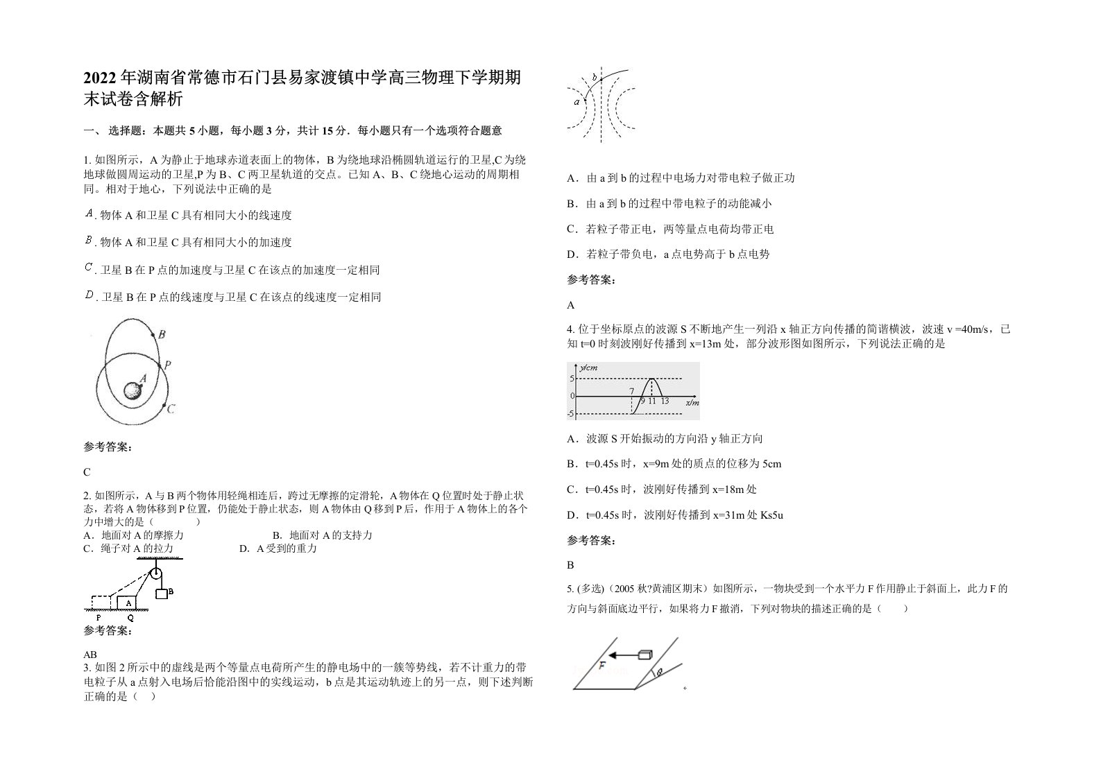 2022年湖南省常德市石门县易家渡镇中学高三物理下学期期末试卷含解析