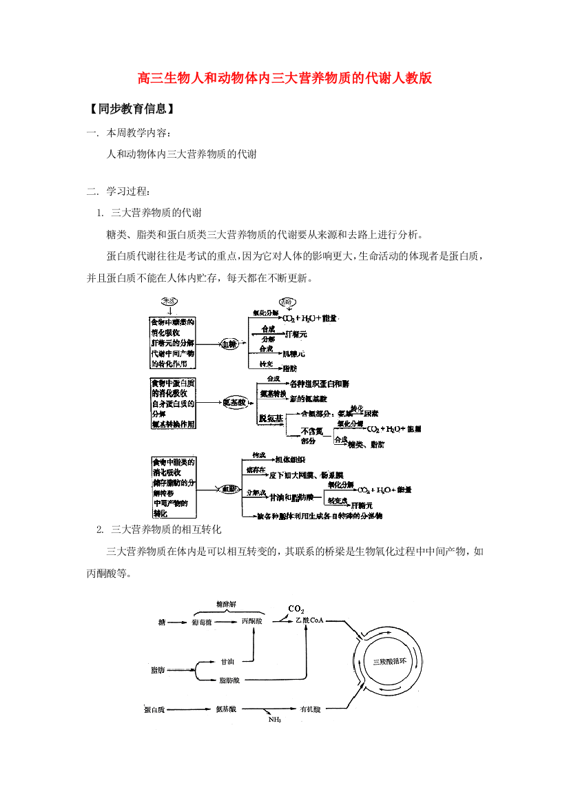 高三生物人和动物体内三大营养物质的代谢人教版知识精讲