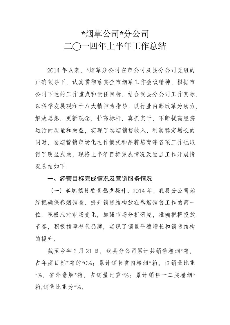 分公司上半年工作总结