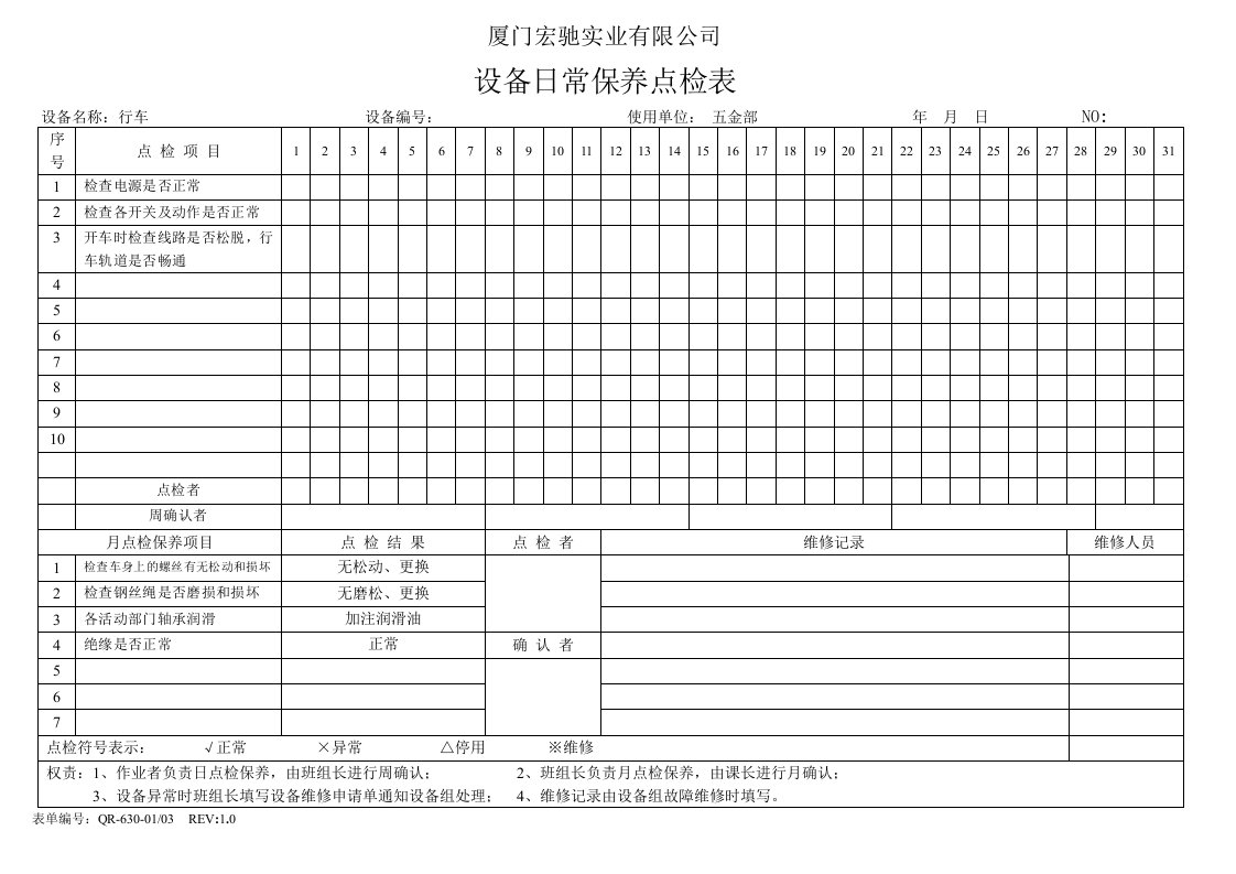 行车设备日常点检表