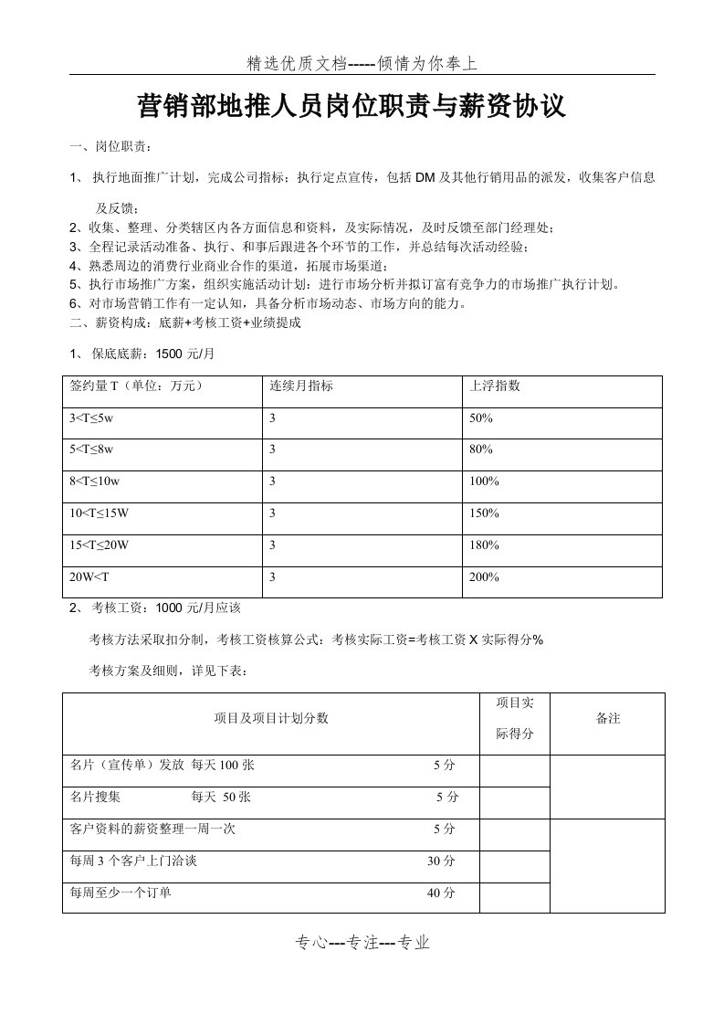 营销部地推人员岗位职责与及岗位考核(共2页)