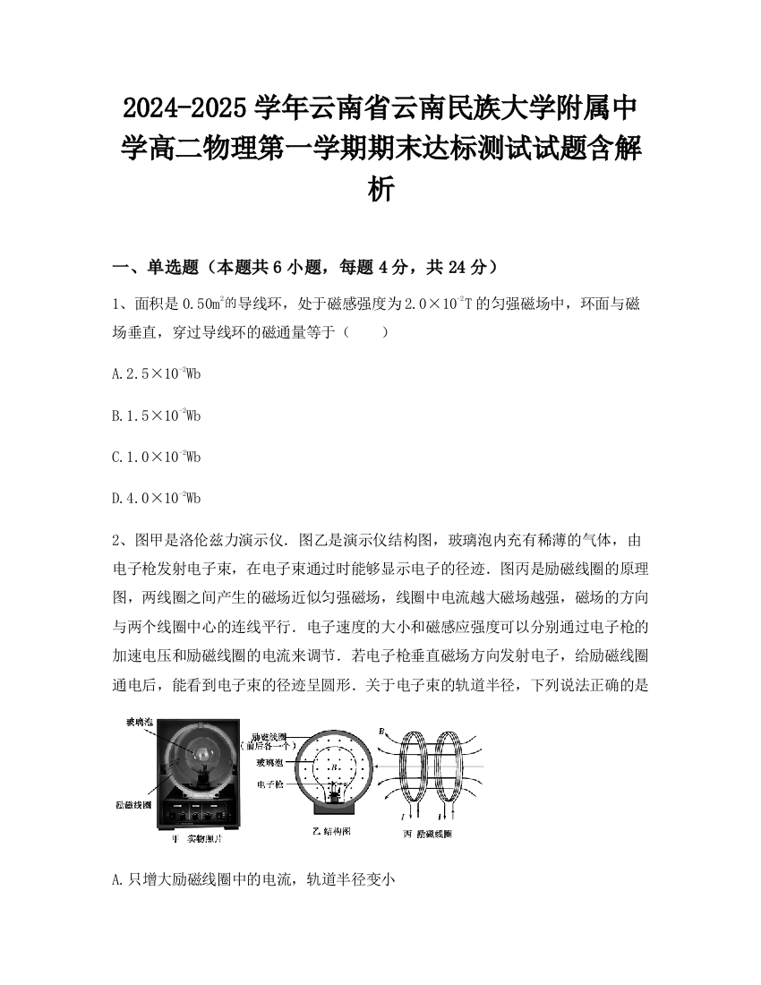 2024-2025学年云南省云南民族大学附属中学高二物理第一学期期末达标测试试题含解析