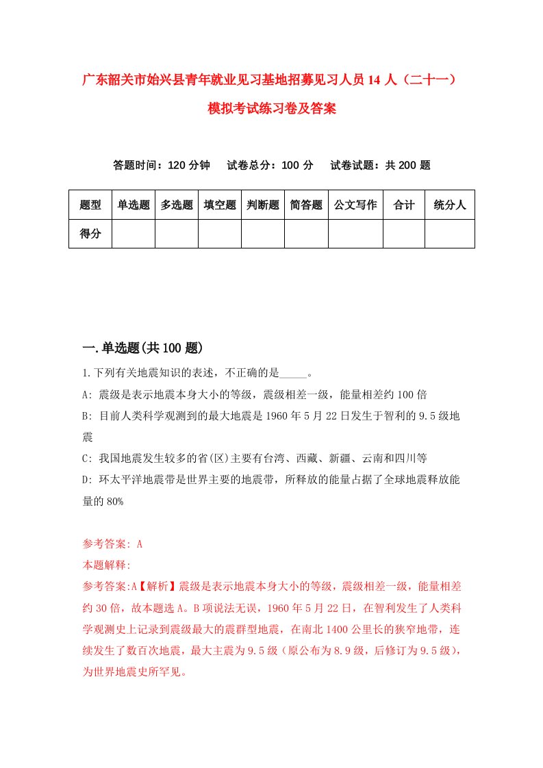 广东韶关市始兴县青年就业见习基地招募见习人员14人二十一模拟考试练习卷及答案第6版