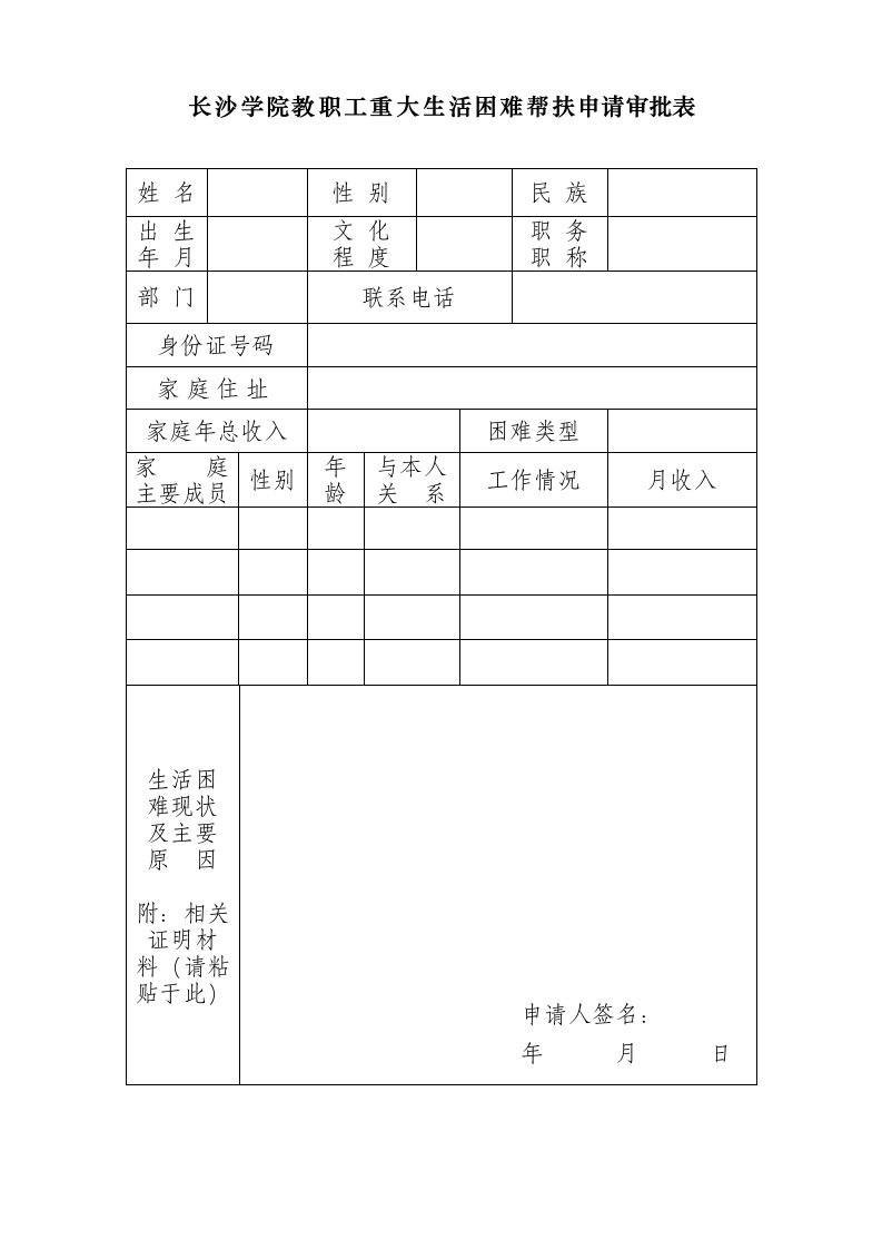 长沙学院教职工重大生活困难帮扶申请审批表