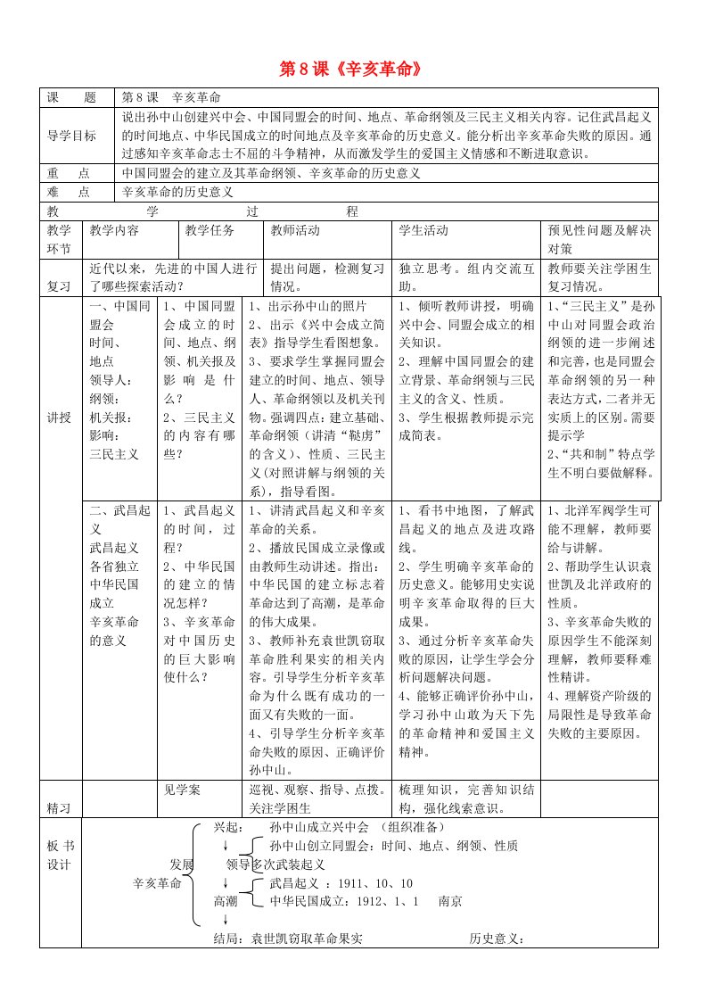 吉林省通化市外国语学校八年级历史上册第8课辛亥革命导学案无答案新人教版