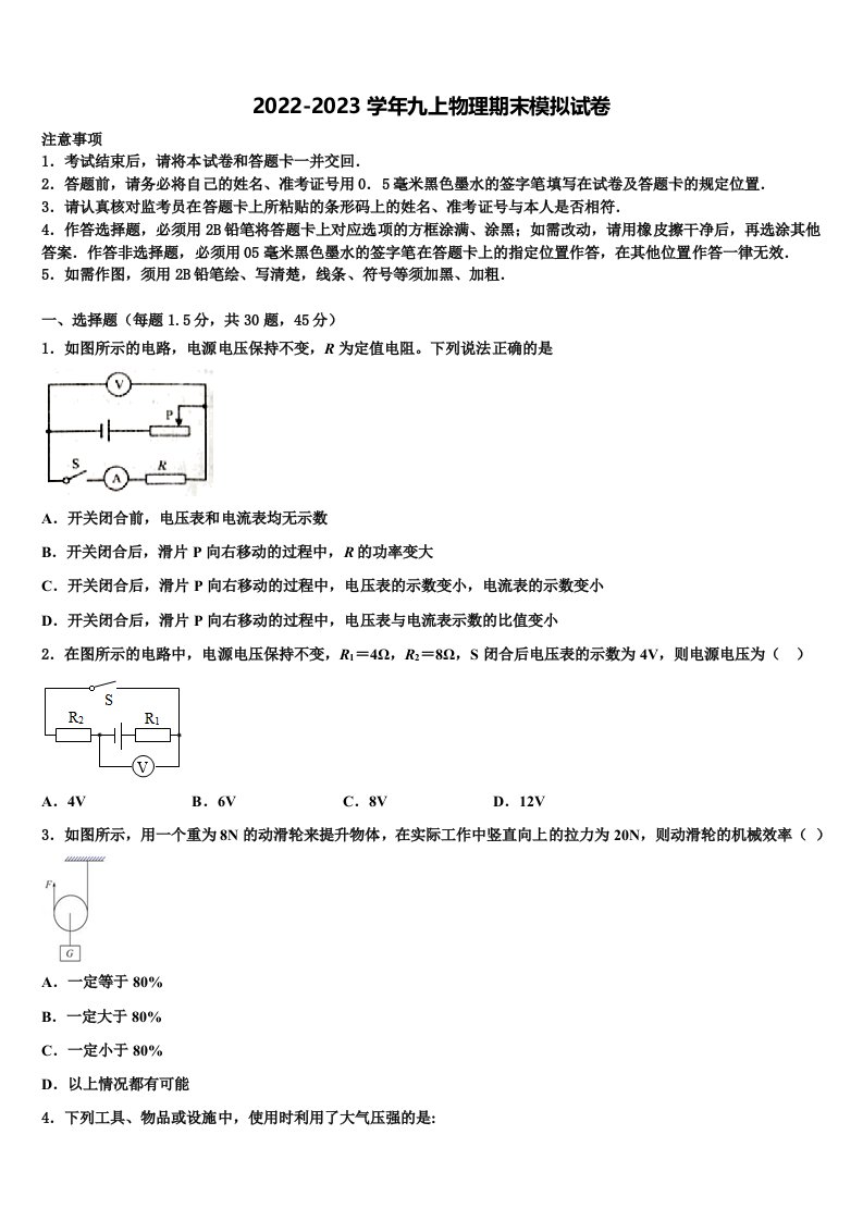 广东省惠州市英华学校2022-2023学年九年级物理第一学期期末统考试题含解析