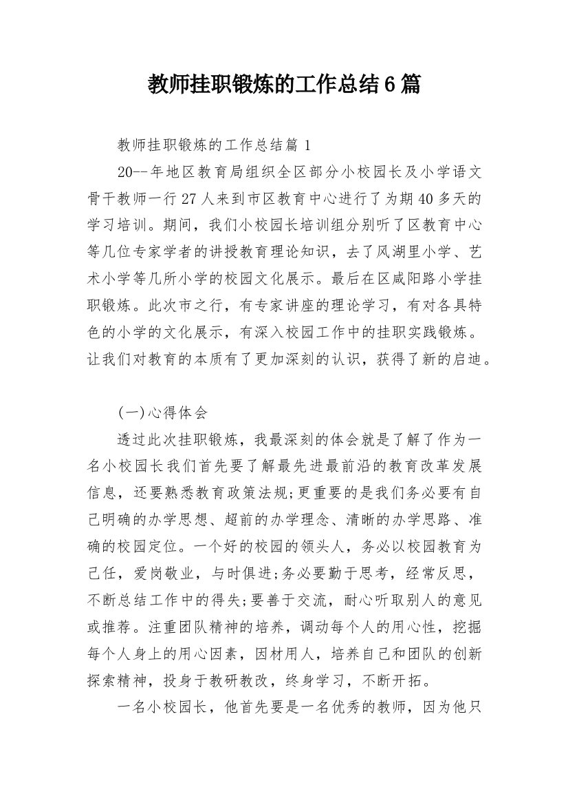 教师挂职锻炼的工作总结6篇