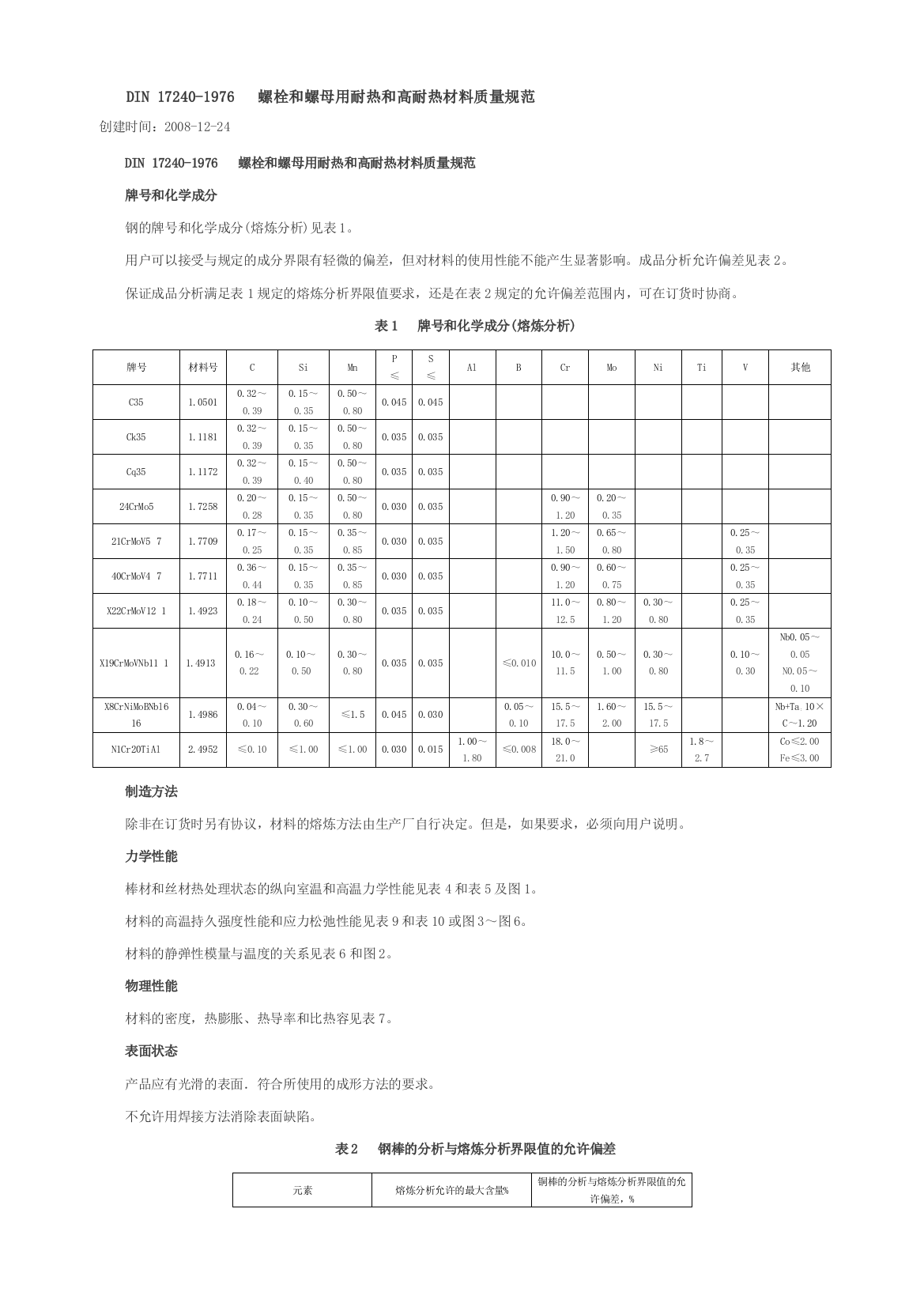 DIN172401976螺栓和螺母用耐热和高耐热材料质量规范