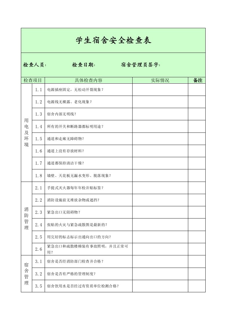 学生宿舍安全检查表