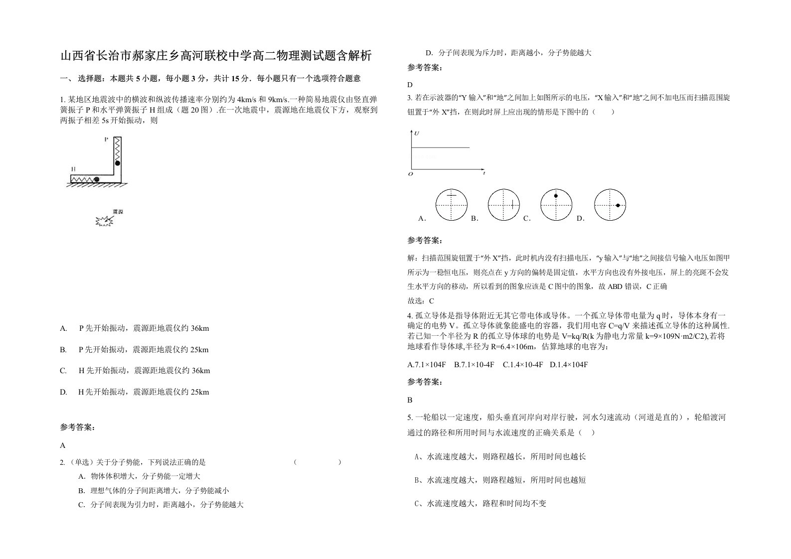 山西省长治市郝家庄乡高河联校中学高二物理测试题含解析